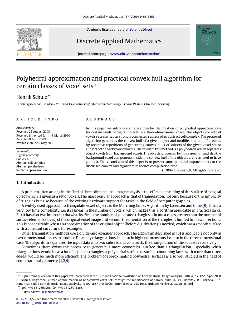 Polyhedral approximation and practical convex hull algorithm for certain classes of voxel sets 