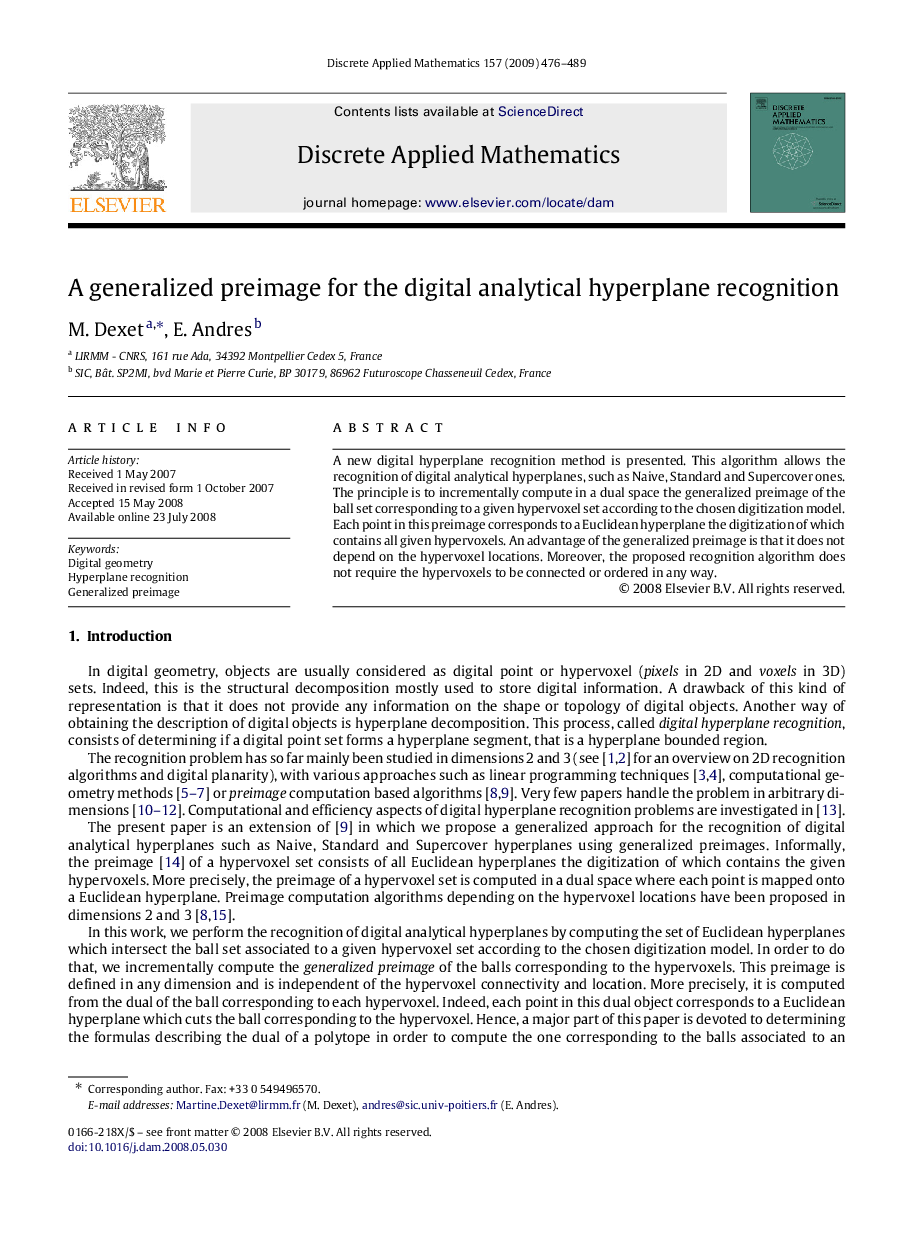 A generalized preimage for the digital analytical hyperplane recognition