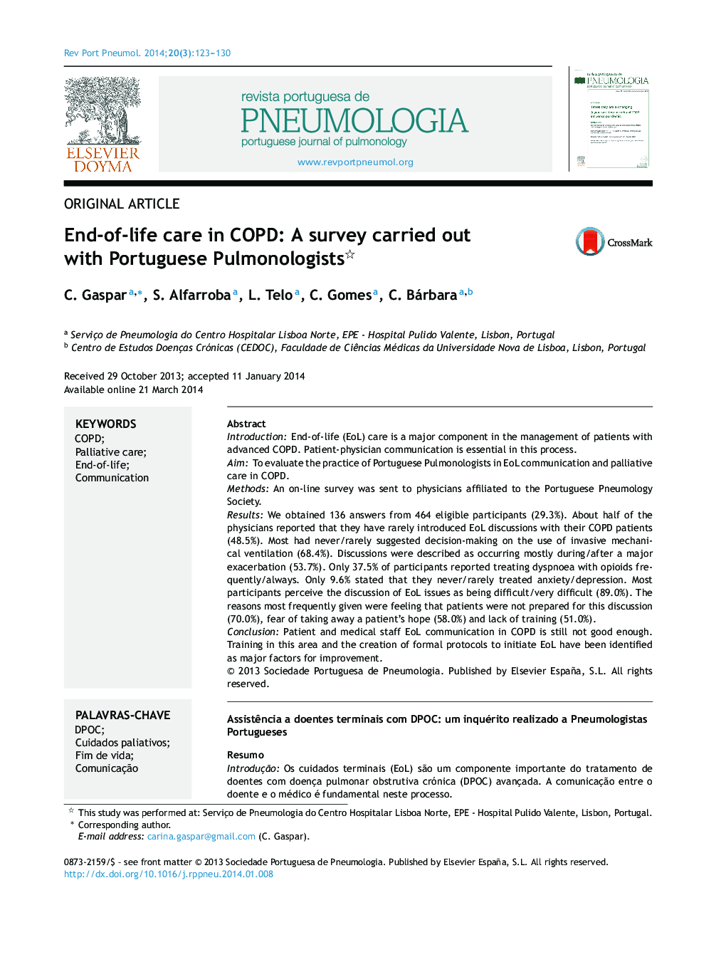 End-of-life care in COPD: A survey carried out with Portuguese Pulmonologists 