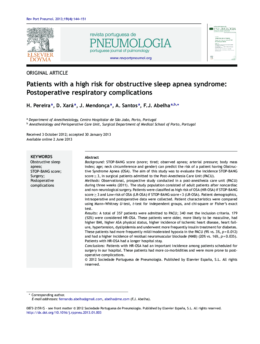 Patients with a high risk for obstructive sleep apnea syndrome: Postoperative respiratory complications