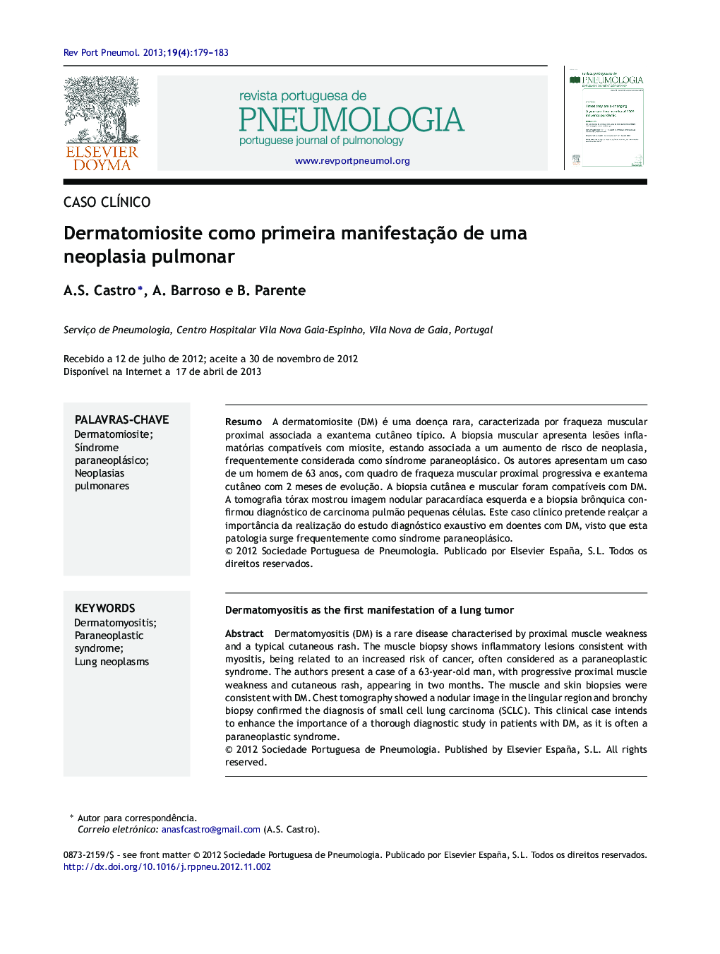 Dermatomiosite como primeira manifestação de uma neoplasia pulmonar