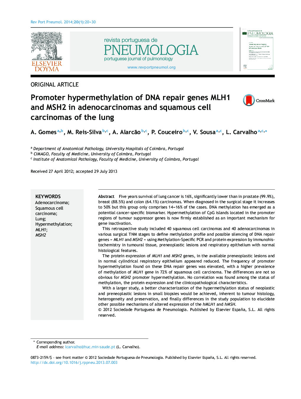 Promoter hypermethylation of DNA repair genes MLH1 and MSH2 in adenocarcinomas and squamous cell carcinomas of the lung