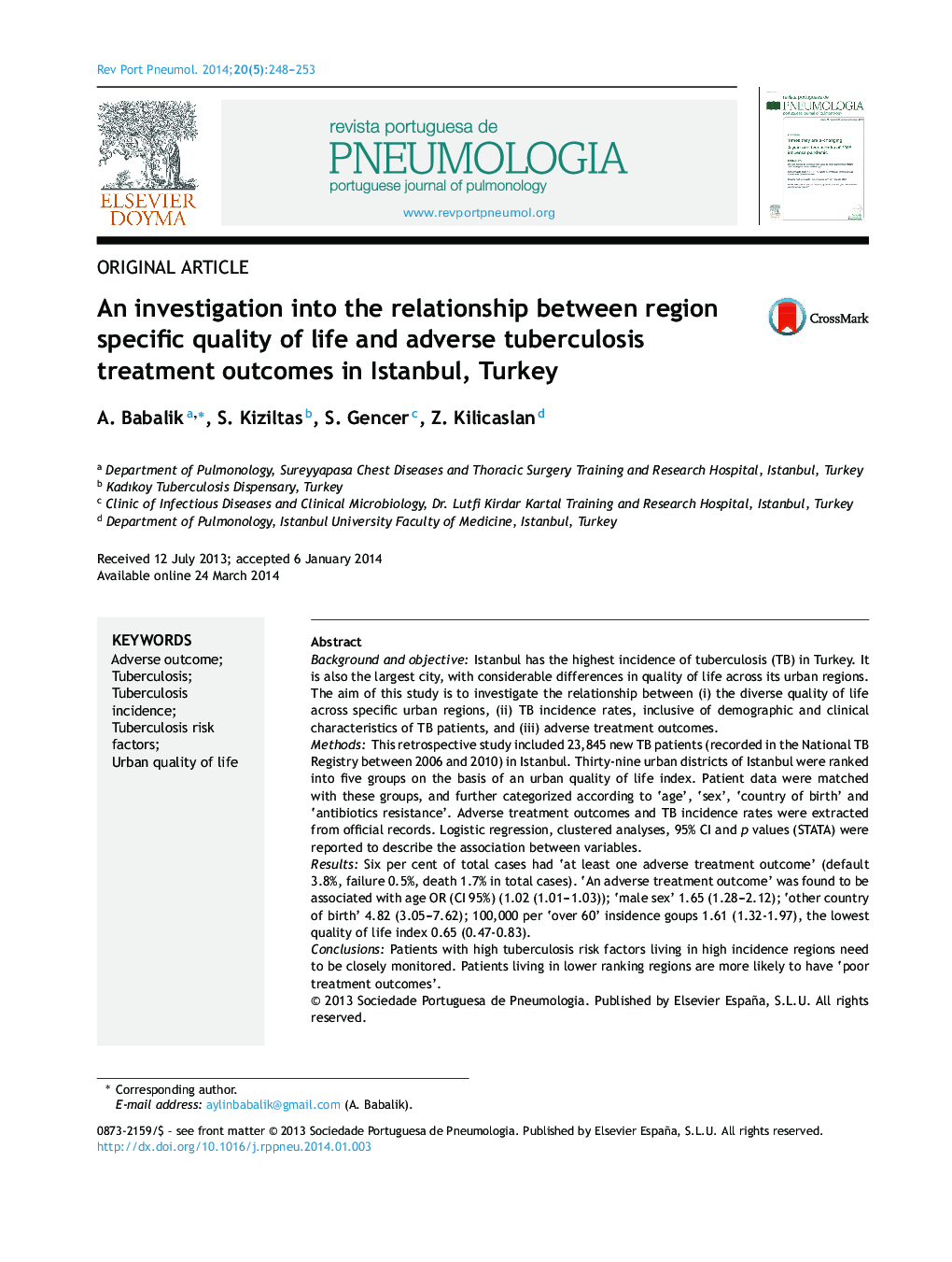 An investigation into the relationship between region specific quality of life and adverse tuberculosis treatment outcomes in Istanbul, Turkey