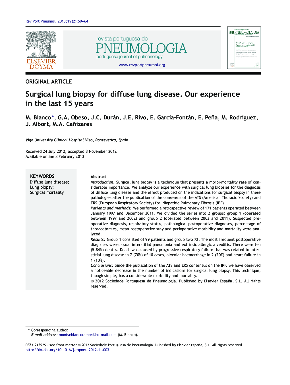 Surgical lung biopsy for diffuse lung disease. Our experience in the last 15 years