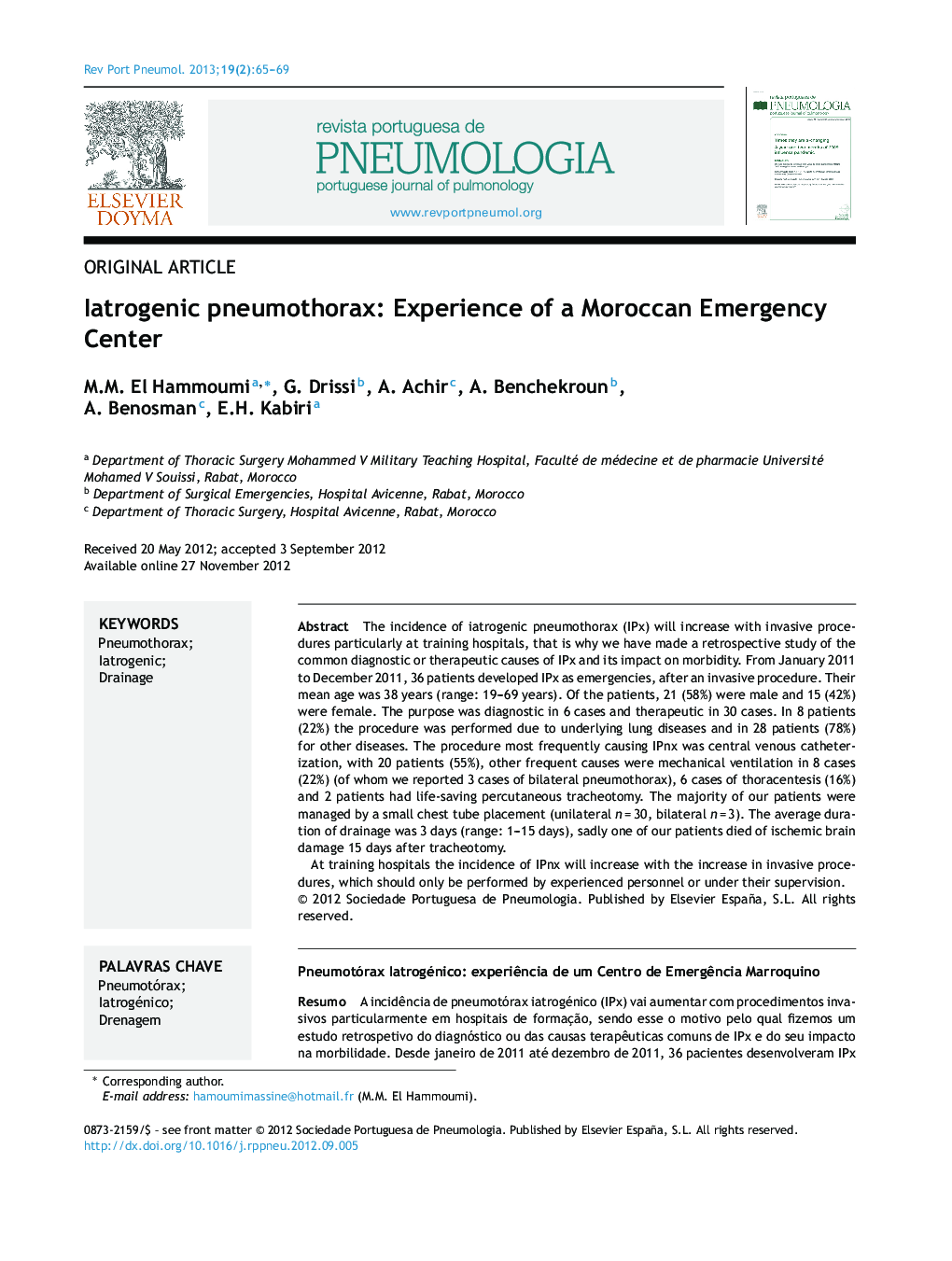 Iatrogenic pneumothorax: Experience of a Moroccan Emergency Center