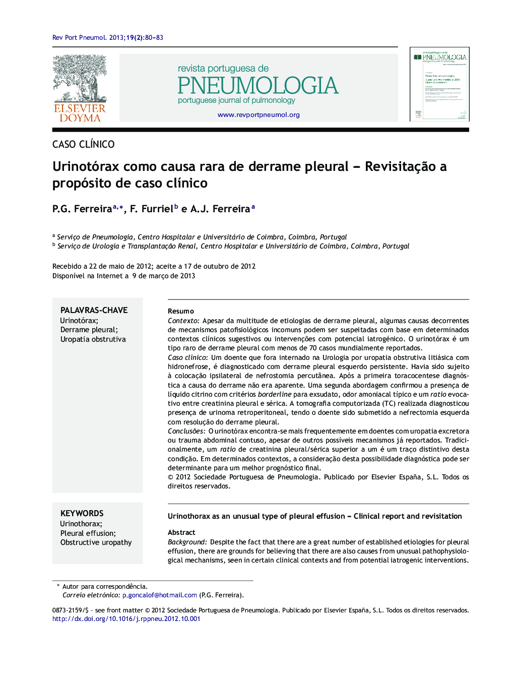 Urinotórax como causa rara de derrame pleural – Revisitação a propósito de caso clínico