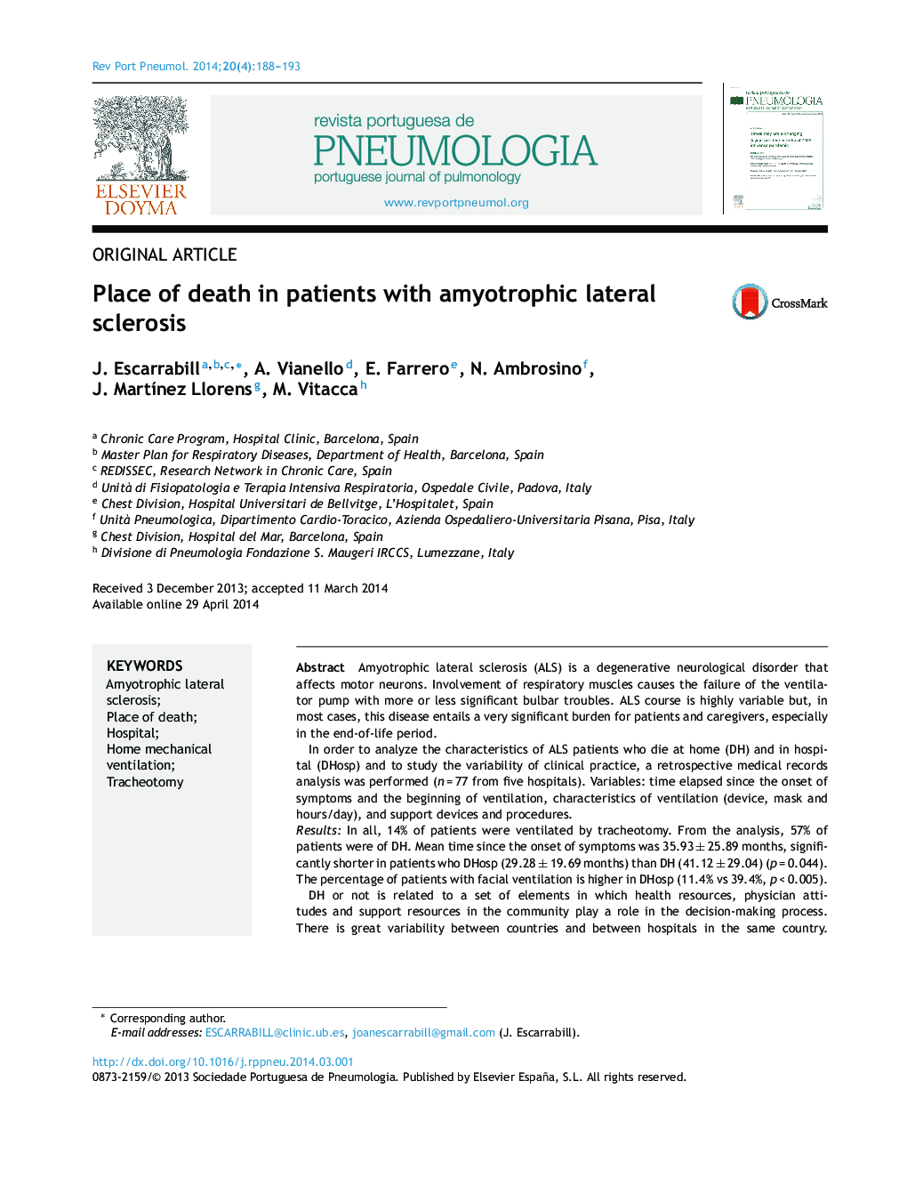 Place of death in patients with amyotrophic lateral sclerosis