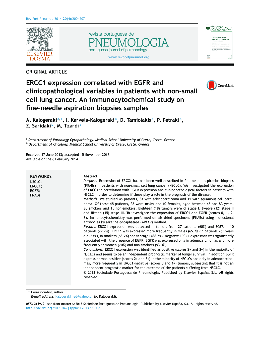 ERCC1 expression correlated with EGFR and clinicopathological variables in patients with non‐small cell lung cancer. An immunocytochemical study on fine‐needle aspiration biopsies samples