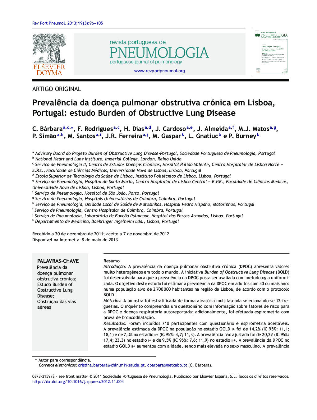 Prevalência da doença pulmonar obstrutiva crónica em Lisboa, Portugal: estudo Burden of Obstructive Lung Disease