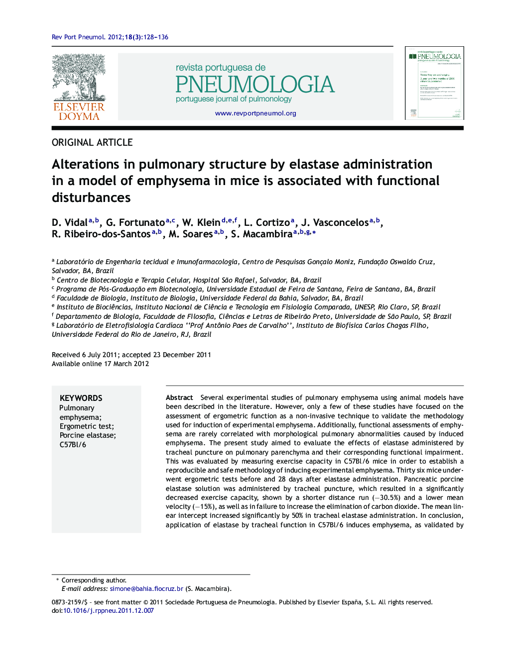 Alterations in pulmonary structure by elastase administration in a model of emphysema in mice is associated with functional disturbances