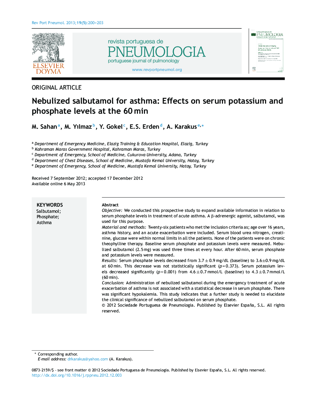 Nebulized salbutamol for asthma: Effects on serum potassium and phosphate levels at the 60 min