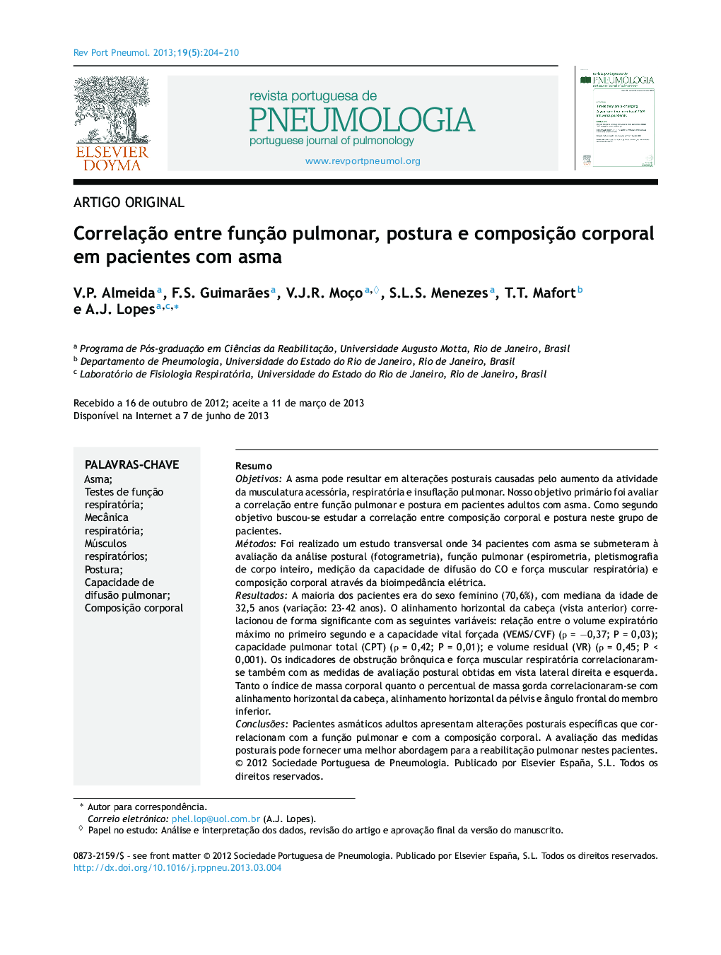 Correlação entre função pulmonar, postura e composição corporal em pacientes com asma