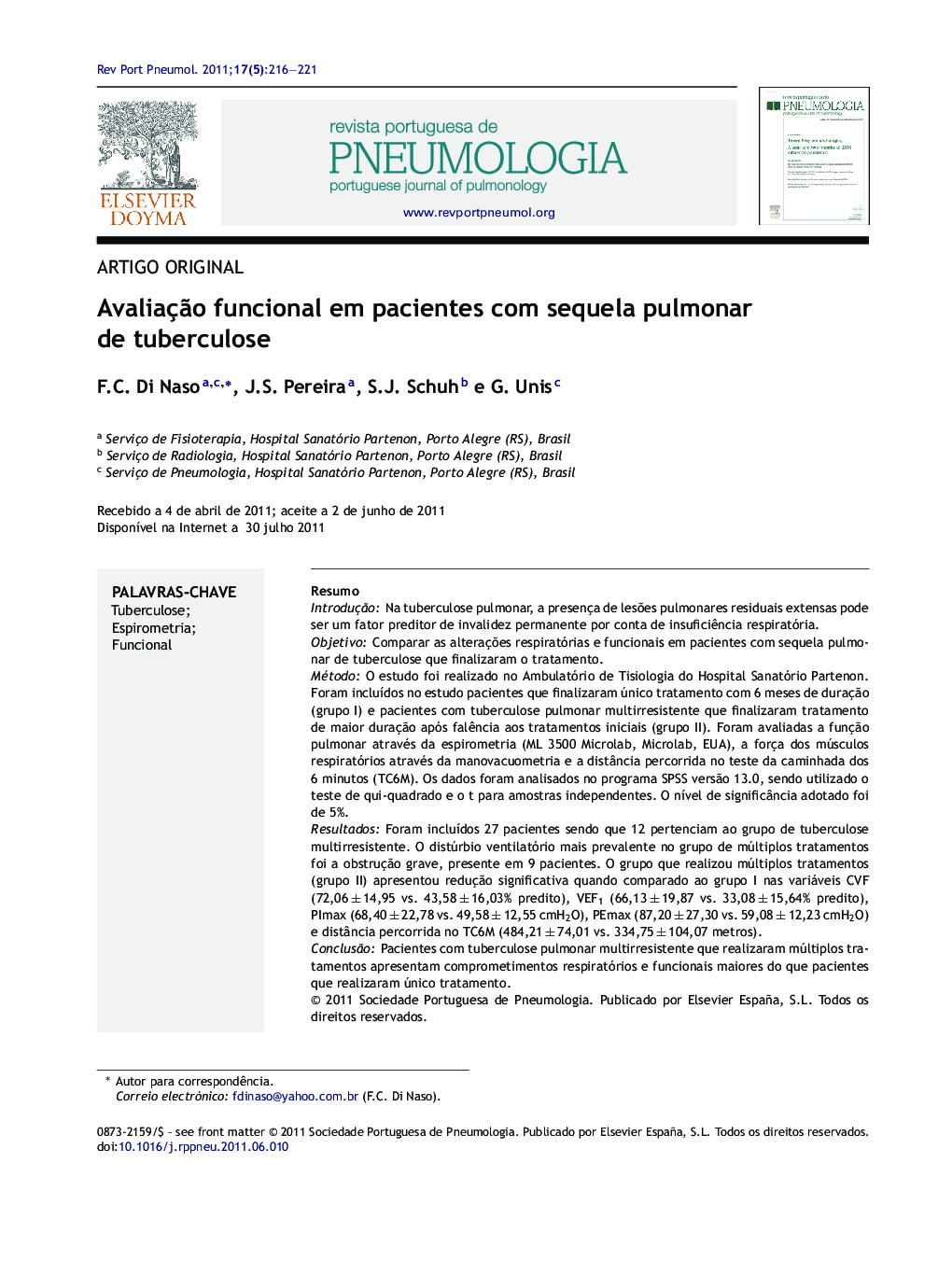 Avaliação funcional em pacientes com sequela pulmonar de tuberculose