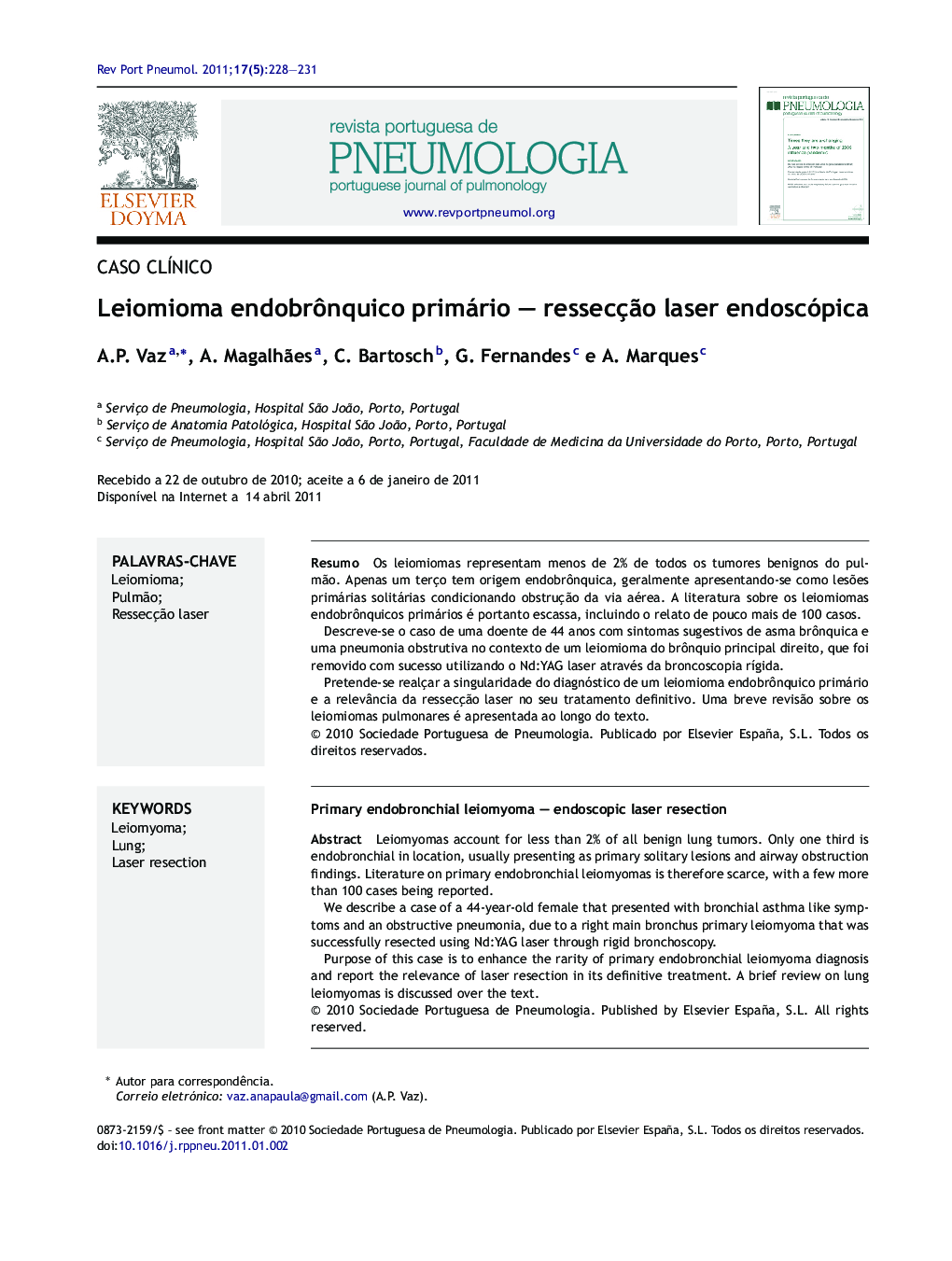 Leiomioma endobrônquico primário – ressecção laser endoscópica