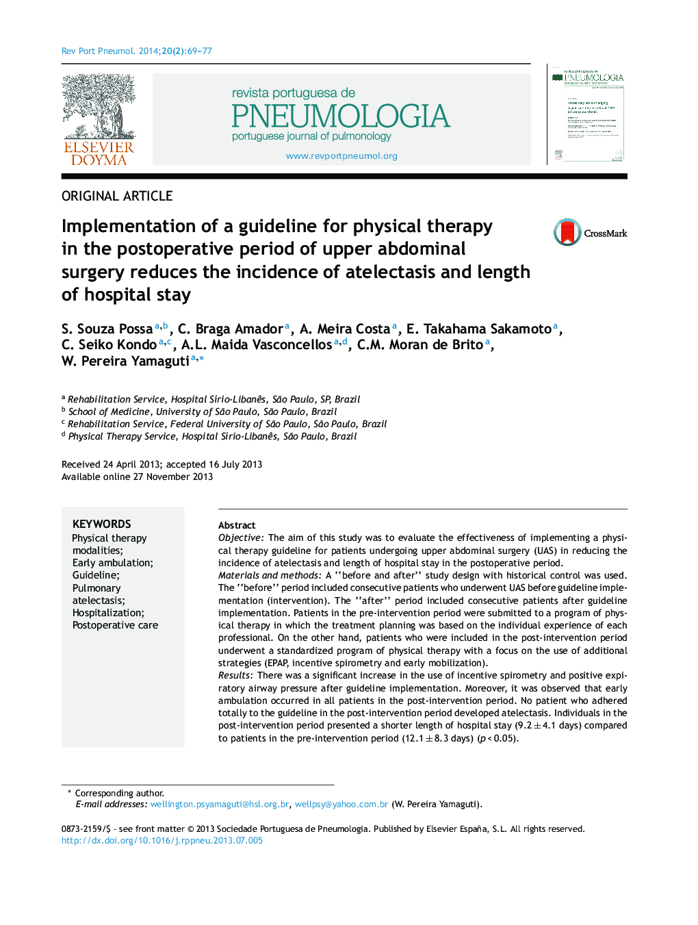 Implementation of a guideline for physical therapy in the postoperative period of upper abdominal surgery reduces the incidence of atelectasis and length of hospital stay