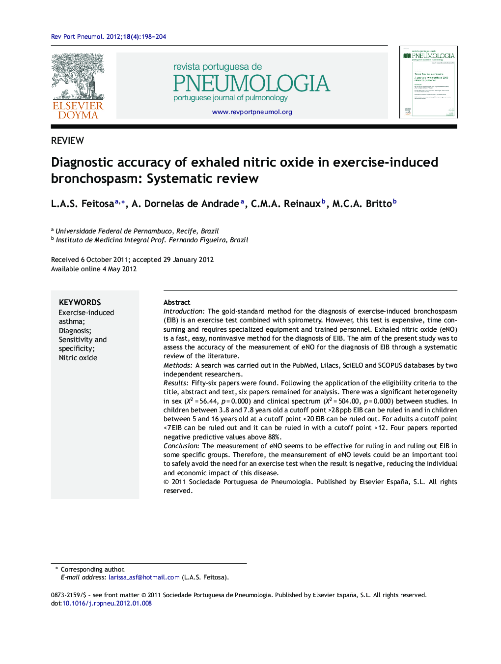 Diagnostic accuracy of exhaled nitric oxide in exercise-induced bronchospasm: Systematic review