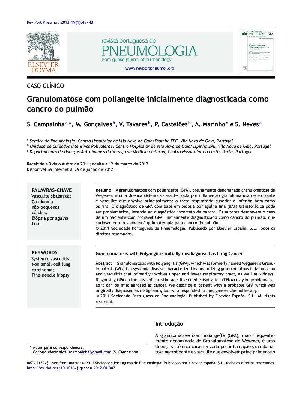 Granulomatose com poliangeíte inicialmente diagnosticada como cancro do pulmão