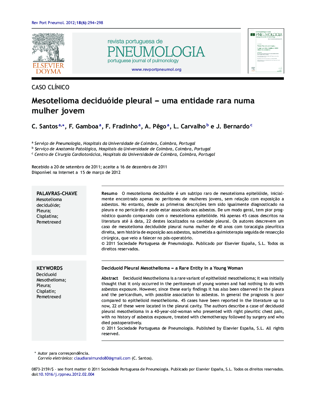 Mesotelioma deciduóide pleural – uma entidade rara numa mulher jovem