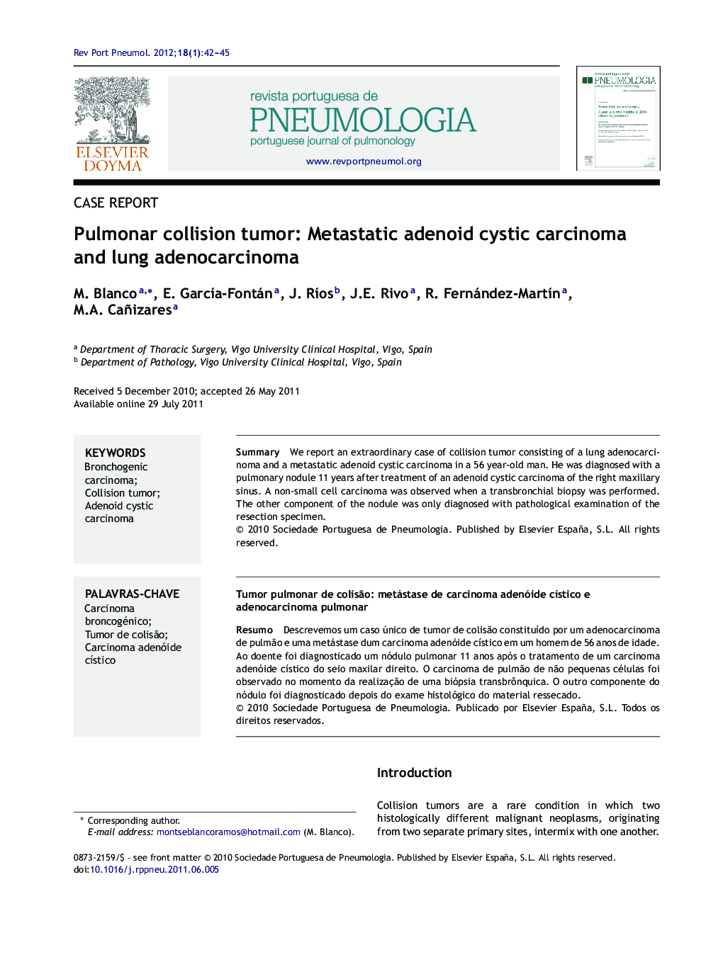 Pulmonar collision tumor: Metastatic adenoid cystic carcinoma and lung adenocarcinoma