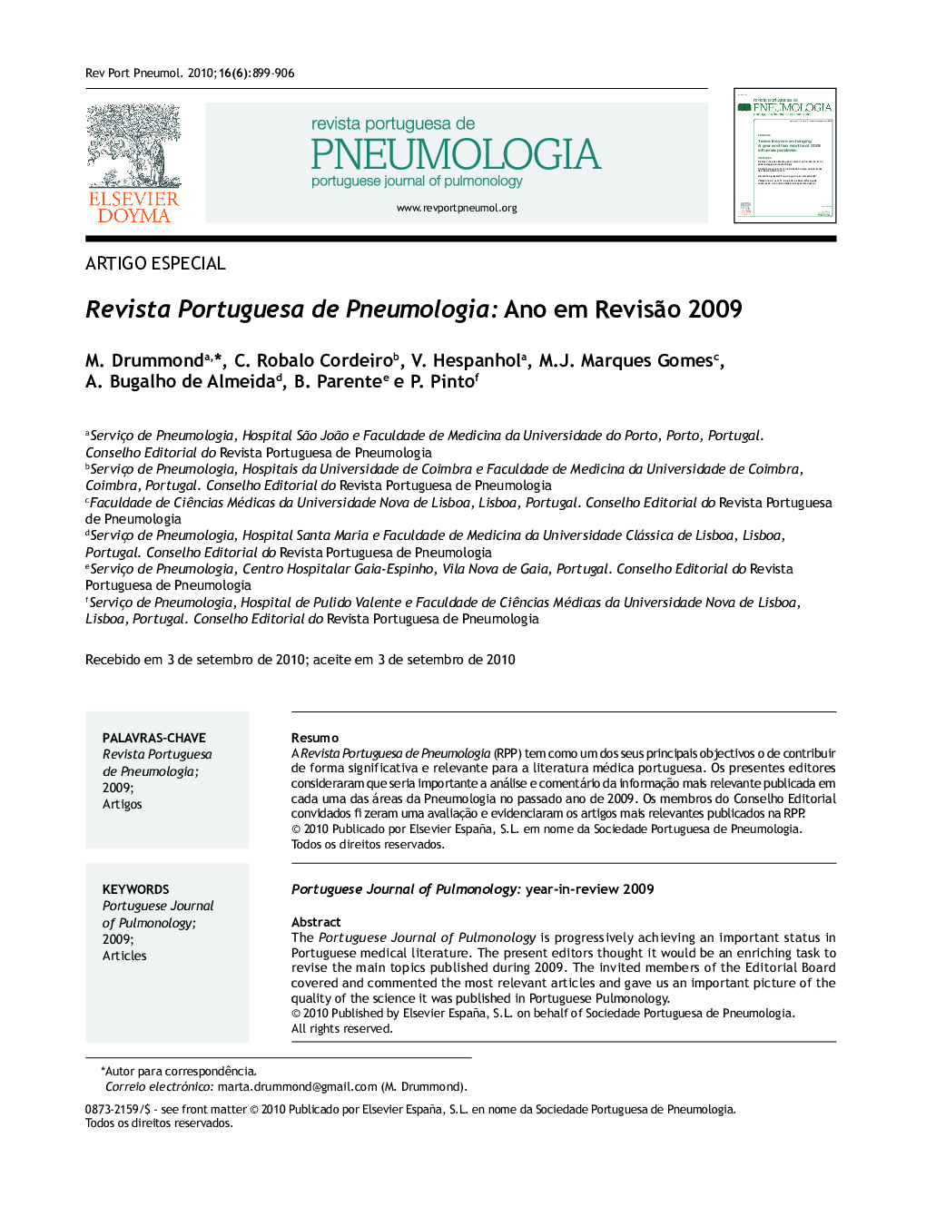 Revista Portuguesa de Pneumologia: Ano em Revisão 2009