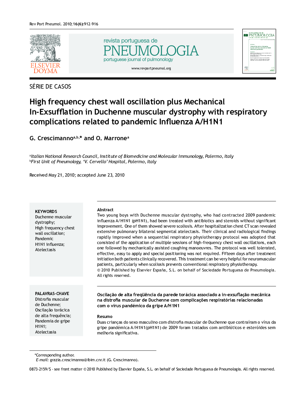 High frequency chest wall oscillation plus Mechanical In-Exsufflation in Duchenne muscular dystrophy with respiratory complications related to pandemic Influenza A/H1N1