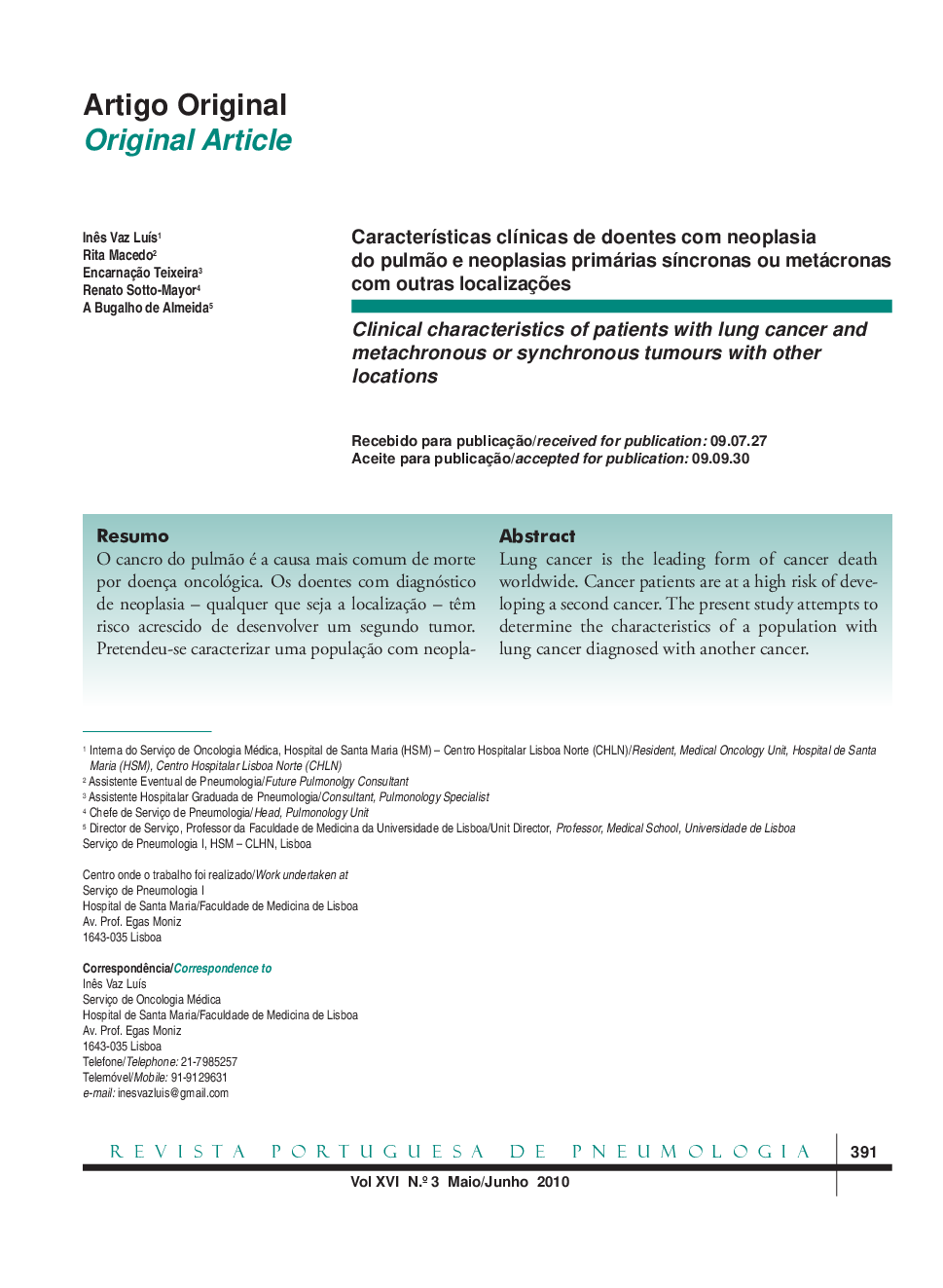 Características clínicas de doentes com neoplasia do pulmão e neoplasias primárias síncronas ou metácronas com outras localizações