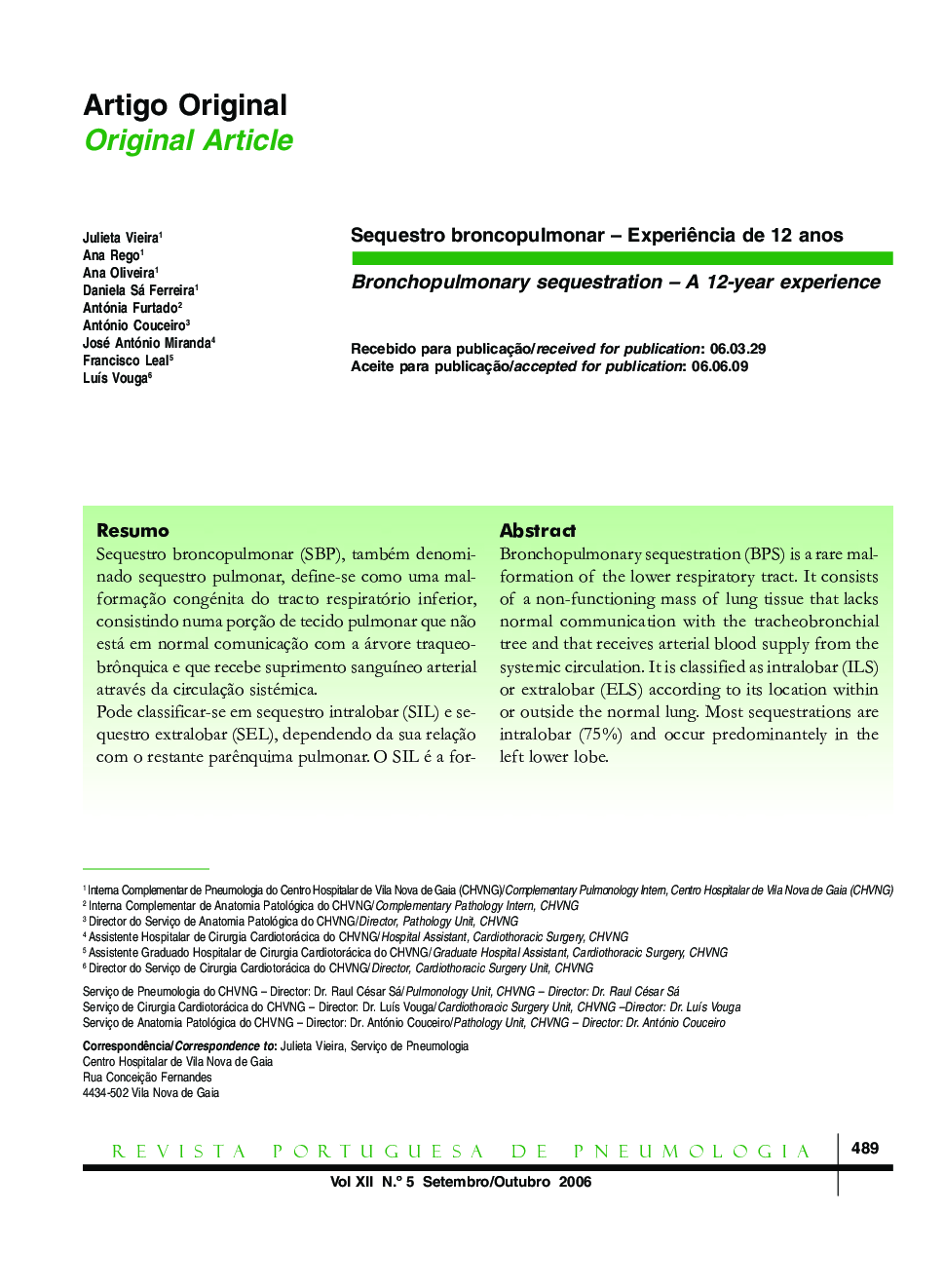 Sequestro broncopulmonar – Experiência de 12 anos