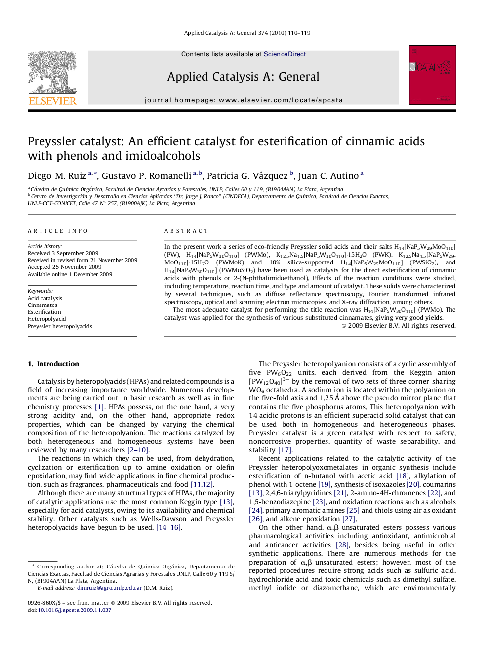 Preyssler catalyst: An efficient catalyst for esterification of cinnamic acids with phenols and imidoalcohols