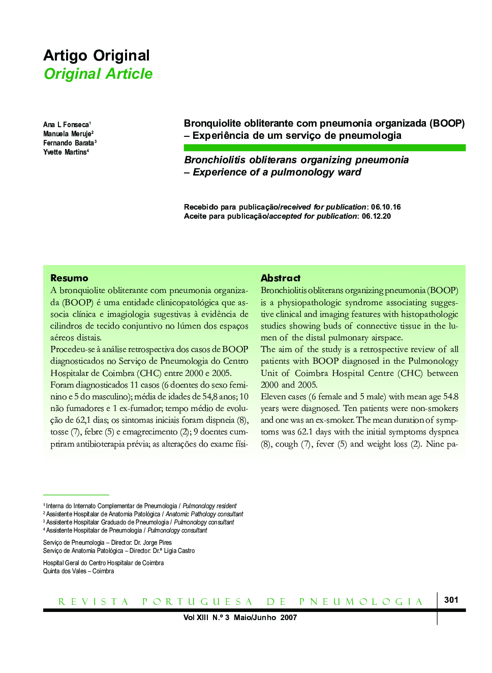 Bronquiolite obliterante com pneumonia organizada (BOOP) – Experiência de um serviço de pneumologia