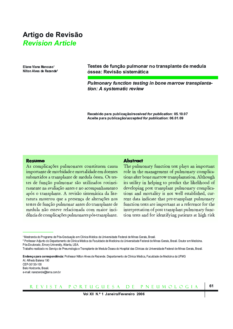 Testes de função pulmonar no transplante de medula óssea: Revisão sistemática