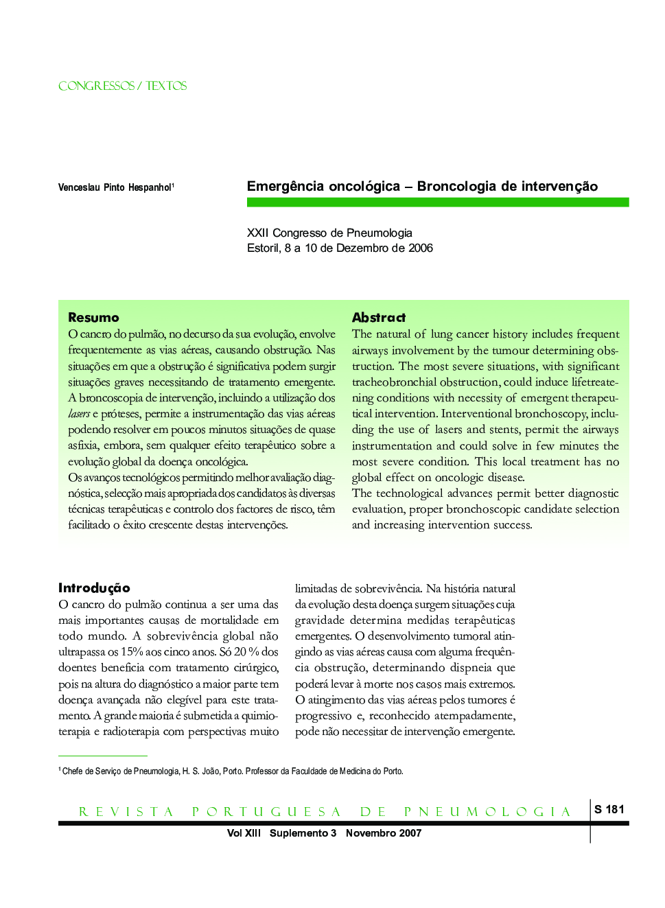 Emergência oncológica – Broncologia de intervenção