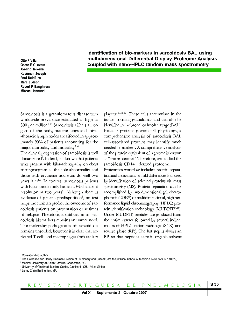 Identification of bio-markers in sarcoidosis BAL using multidimensional Differential Display Proteome Analysis coupled with nano-HPLC tandem mass spectrometry