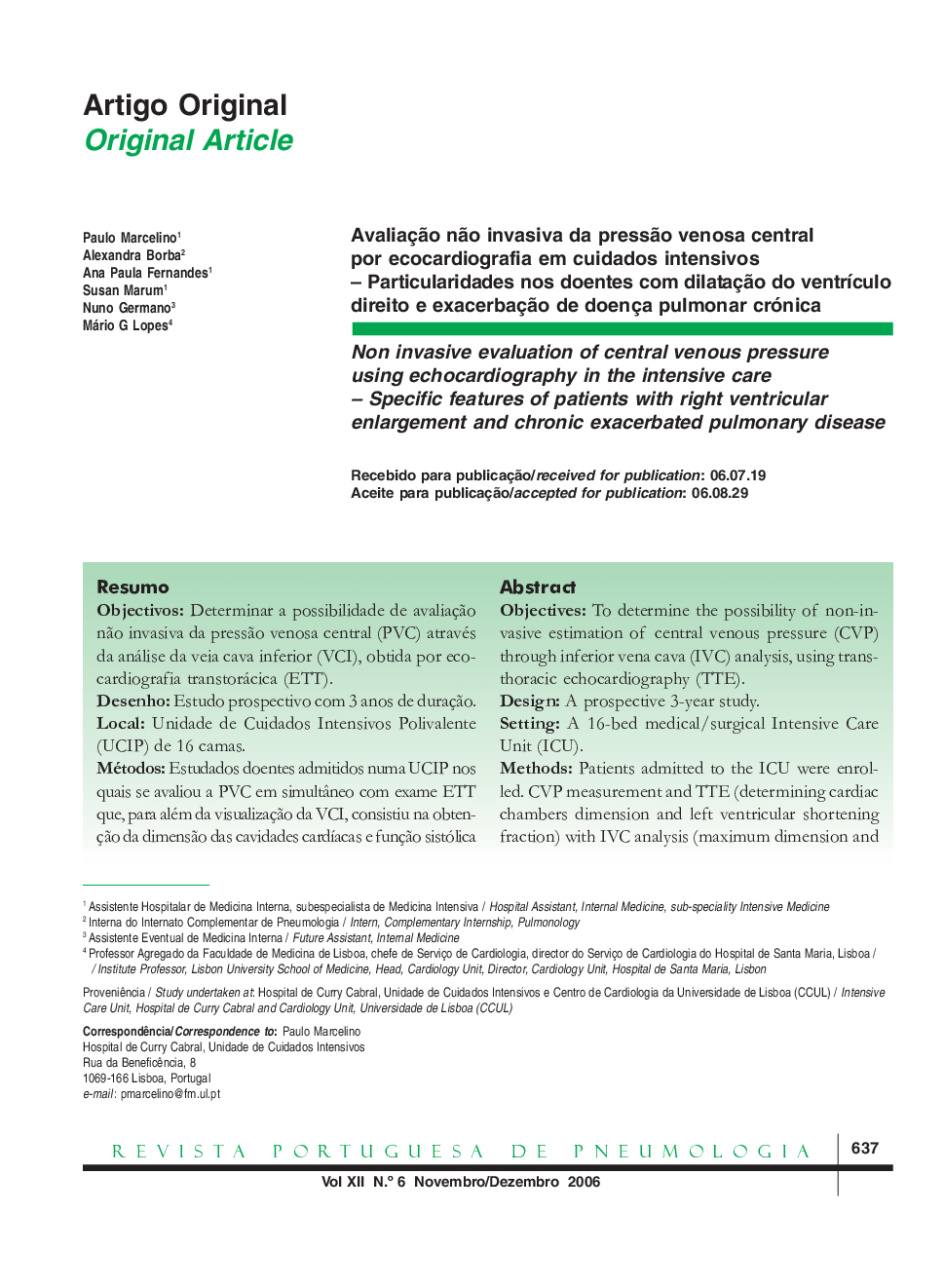 Avaliação não invasiva da pressão venosa central por ecocardiografia em cuidados intensivos – Particularidades nos doentes com dilatação do ventrículo direito e exacerbação de doença pulmonar crónica