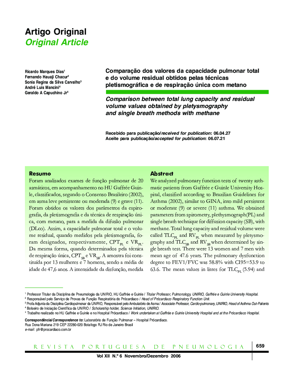 Comparação dos valores da capacidade pulmonar total e do volume residual obtidos pelas técnicas pletismográfica e de respiração única com metano