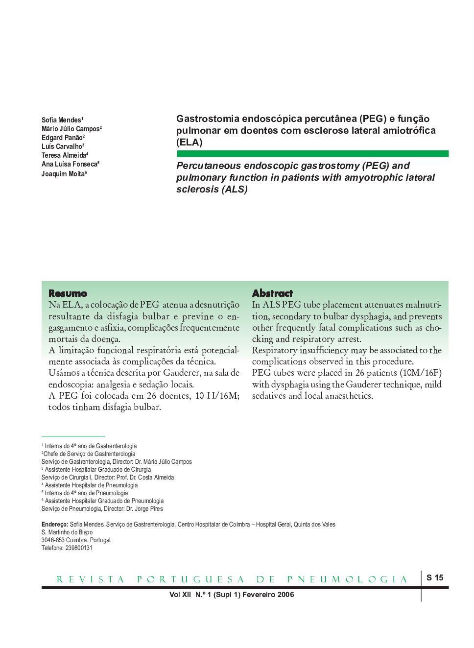 Gastrostomia endoscópica percutânea (PEG) e função pulmonar em doentes com esclerose lateral amiotrófica (ELA)