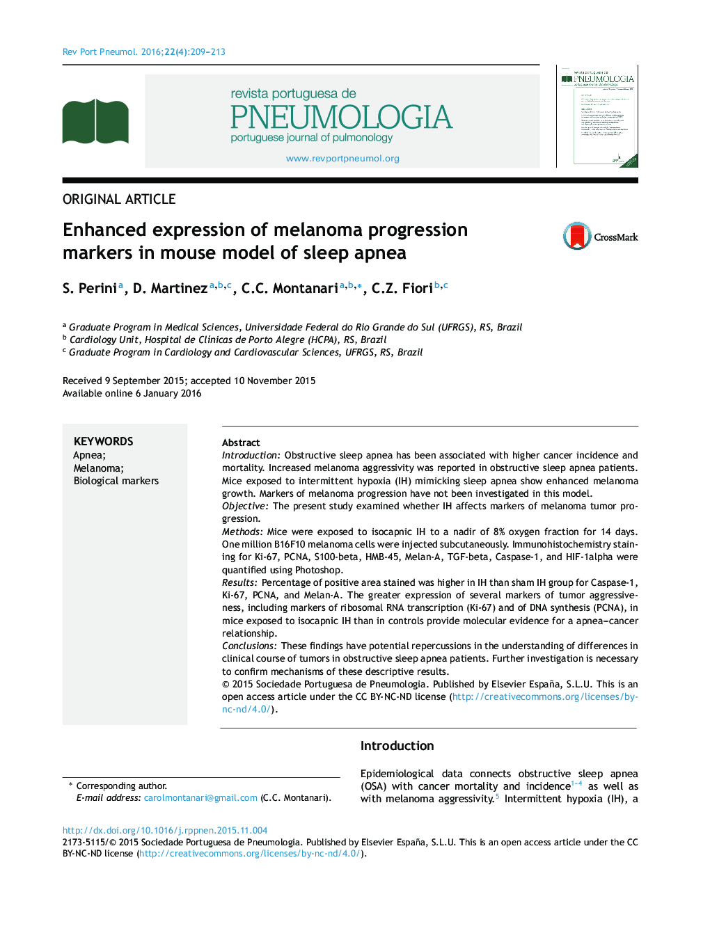 Enhanced expression of melanoma progression markers in mouse model of sleep apnea