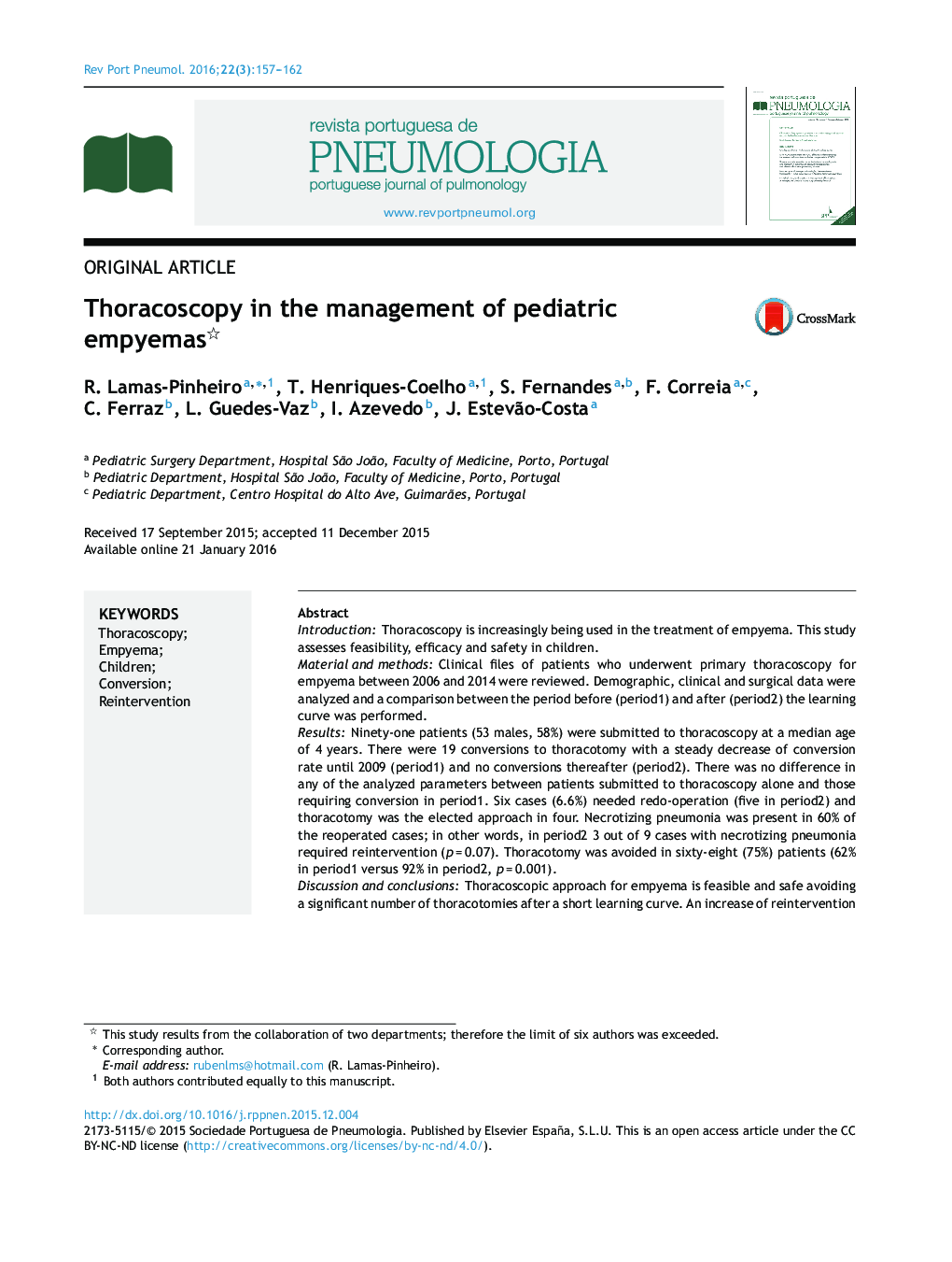 Thoracoscopy in the management of pediatric empyemas 