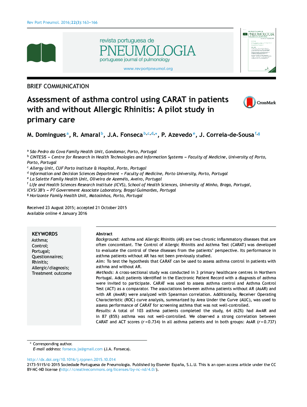 Assessment of asthma control using CARAT in patients with and without Allergic Rhinitis: A pilot study in primary care