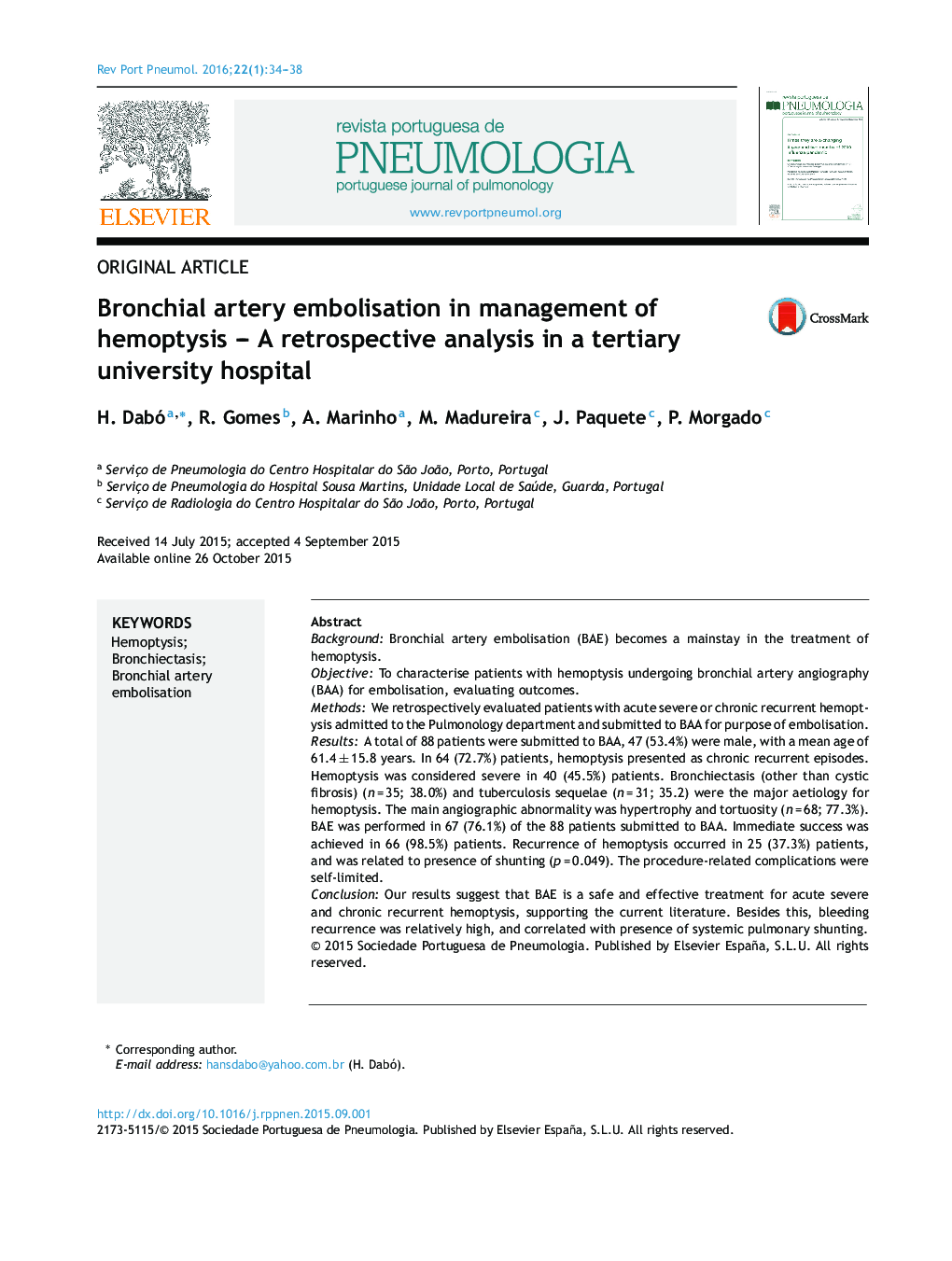 Bronchial artery embolisation in management of hemoptysis – A retrospective analysis in a tertiary university hospital