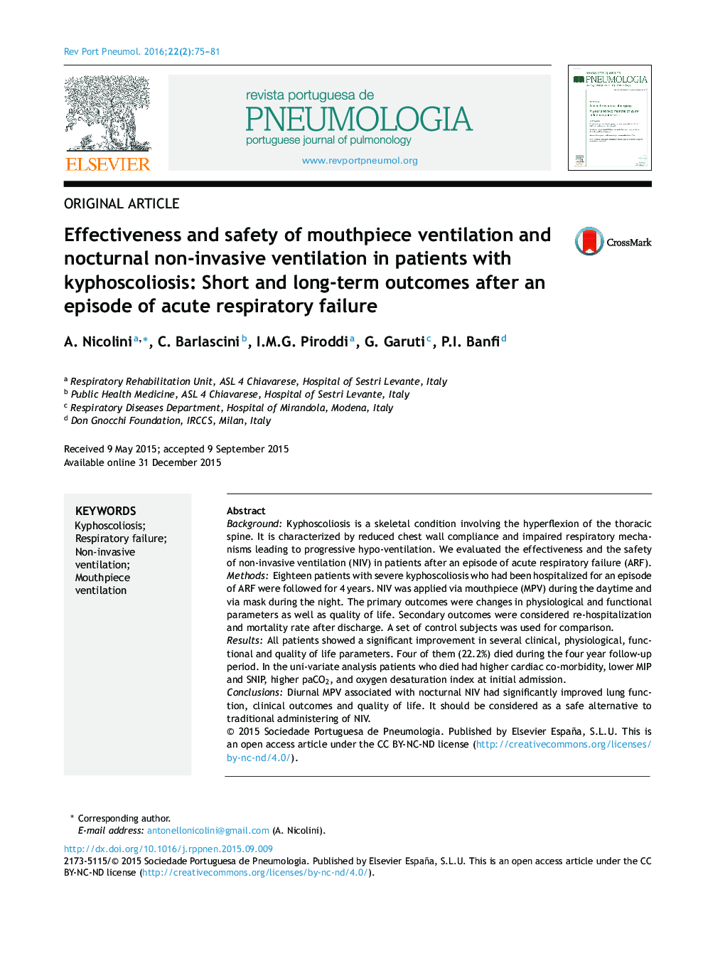 Effectiveness and safety of mouthpiece ventilation and nocturnal non-invasive ventilation in patients with kyphoscoliosis: Short and long-term outcomes after an episode of acute respiratory failure