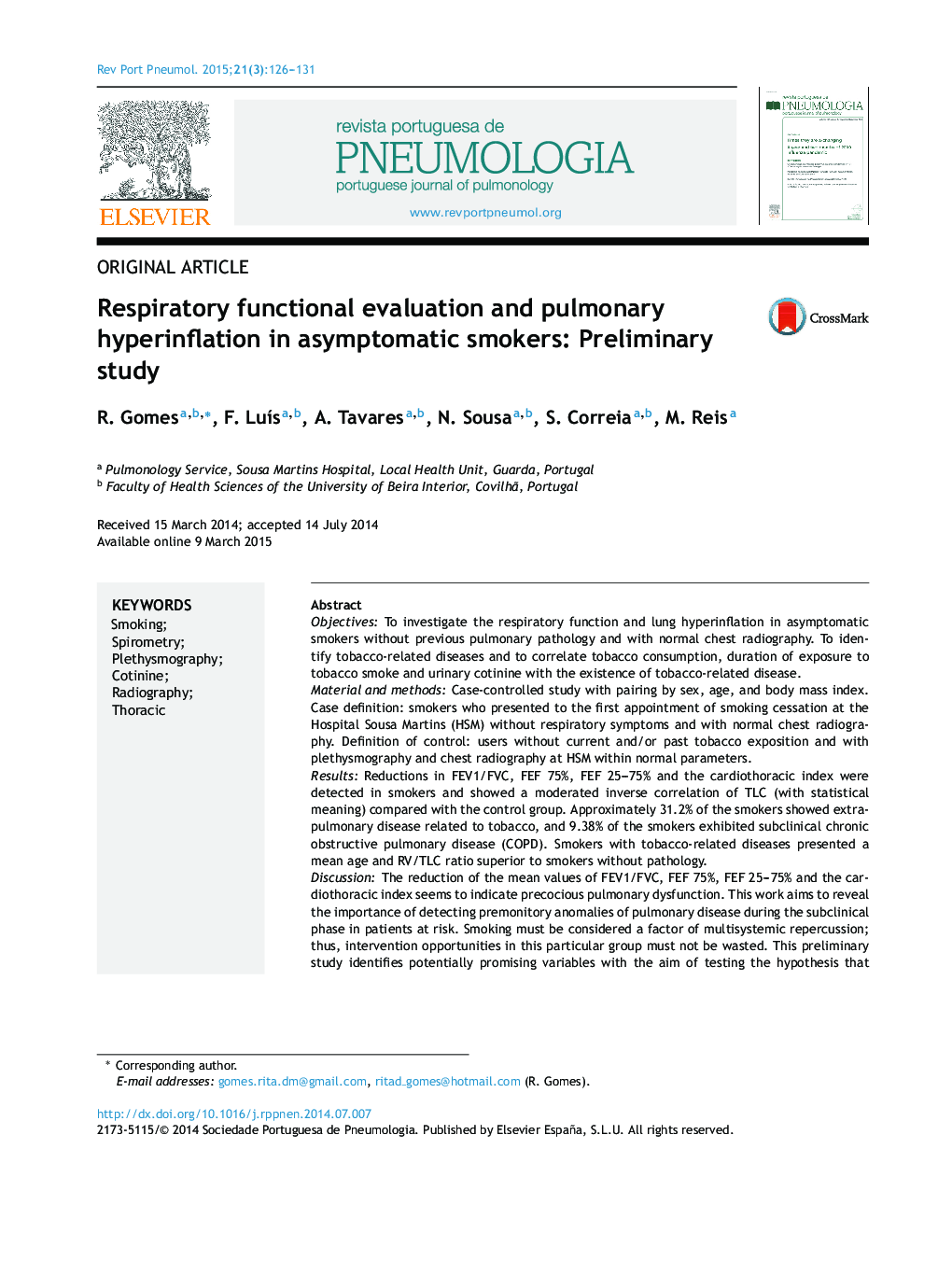 Respiratory functional evaluation and pulmonary hyperinflation in asymptomatic smokers: Preliminary study