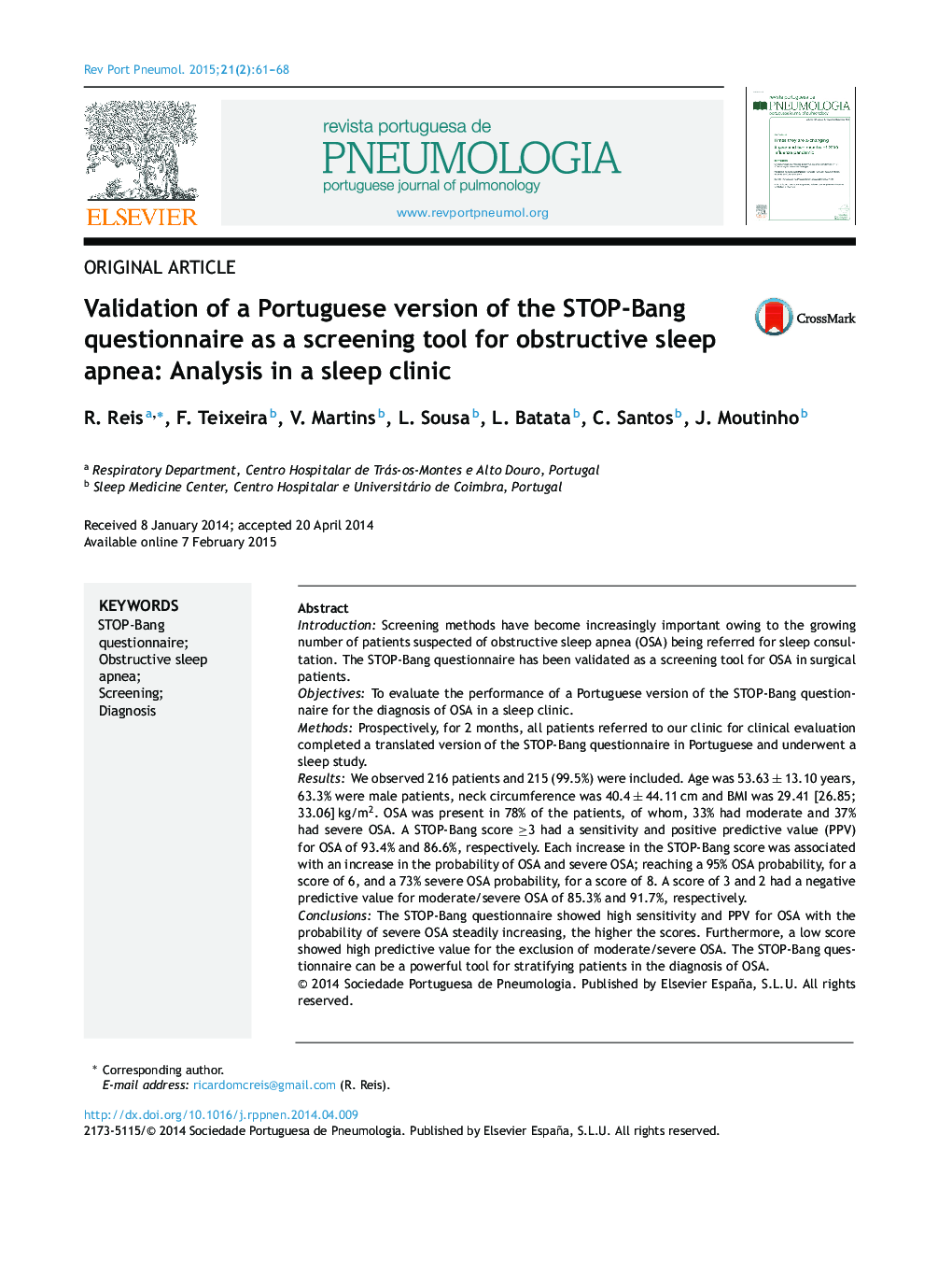 Validation of a Portuguese version of the STOP-Bang questionnaire as a screening tool for obstructive sleep apnea: Analysis in a sleep clinic