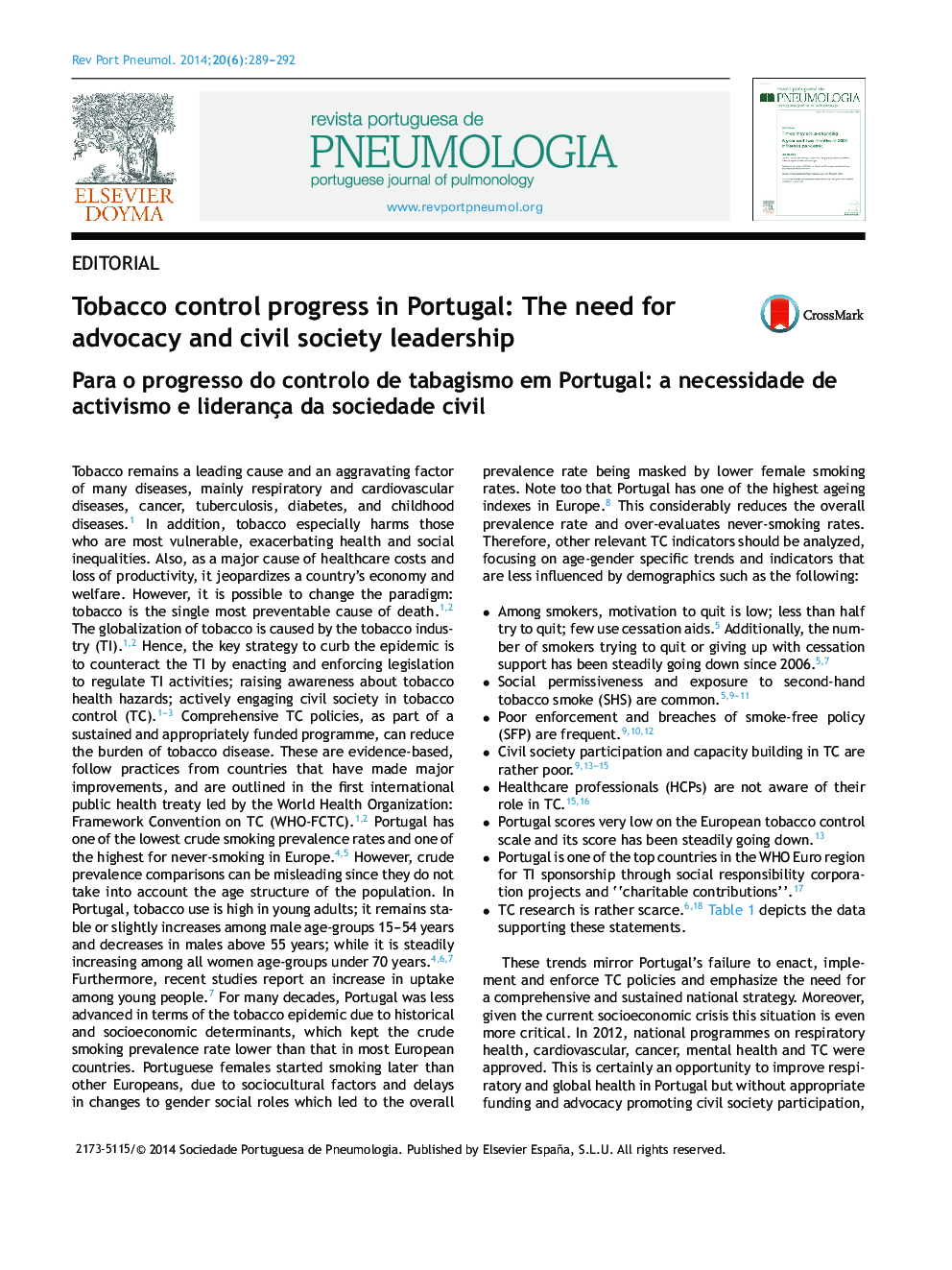 Tobacco control progress in Portugal: The need for advocacy and civil society leadership