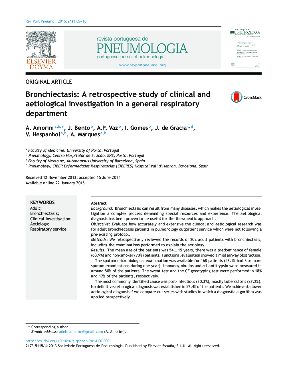 Bronchiectasis: A retrospective study of clinical and aetiological investigation in a general respiratory department