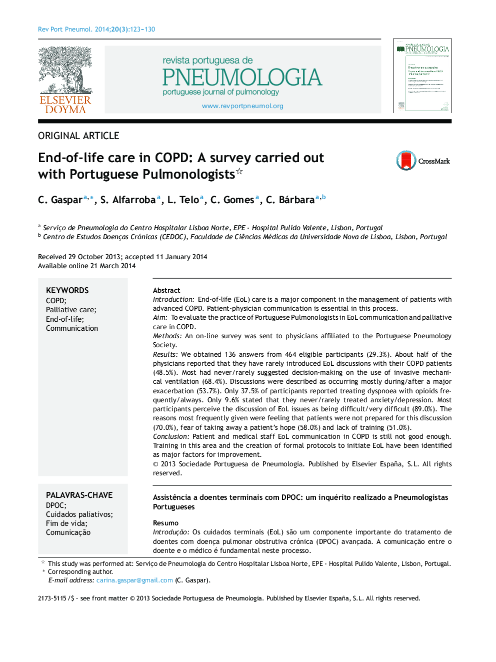 End-of-life care in COPD: A survey carried out with Portuguese Pulmonologists