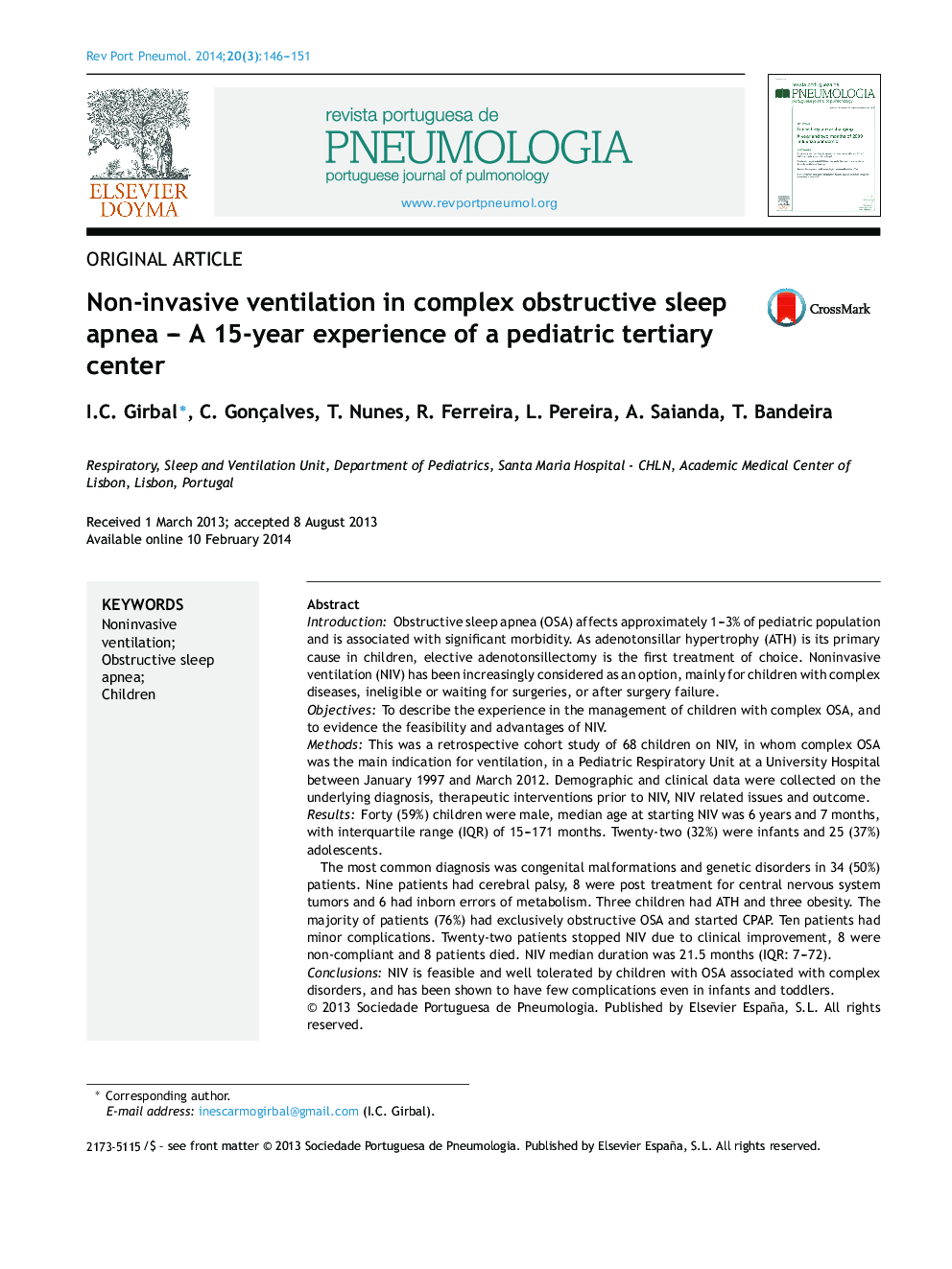 Non-invasive ventilation in complex obstructive sleep apnea – A 15-year experience of a pediatric tertiary center