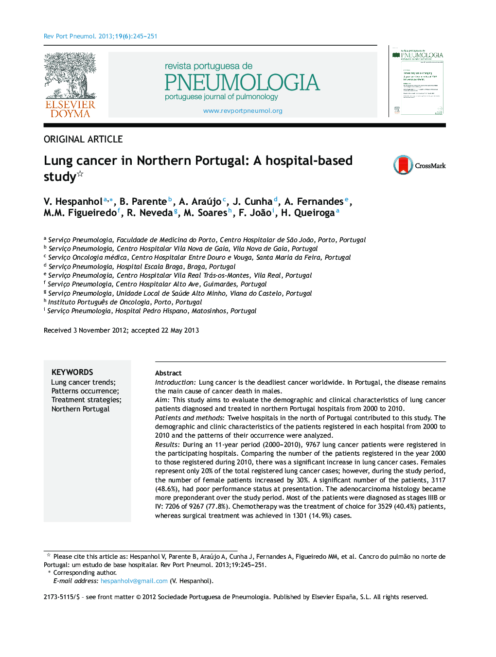 Lung cancer in Northern Portugal: A hospital-based study