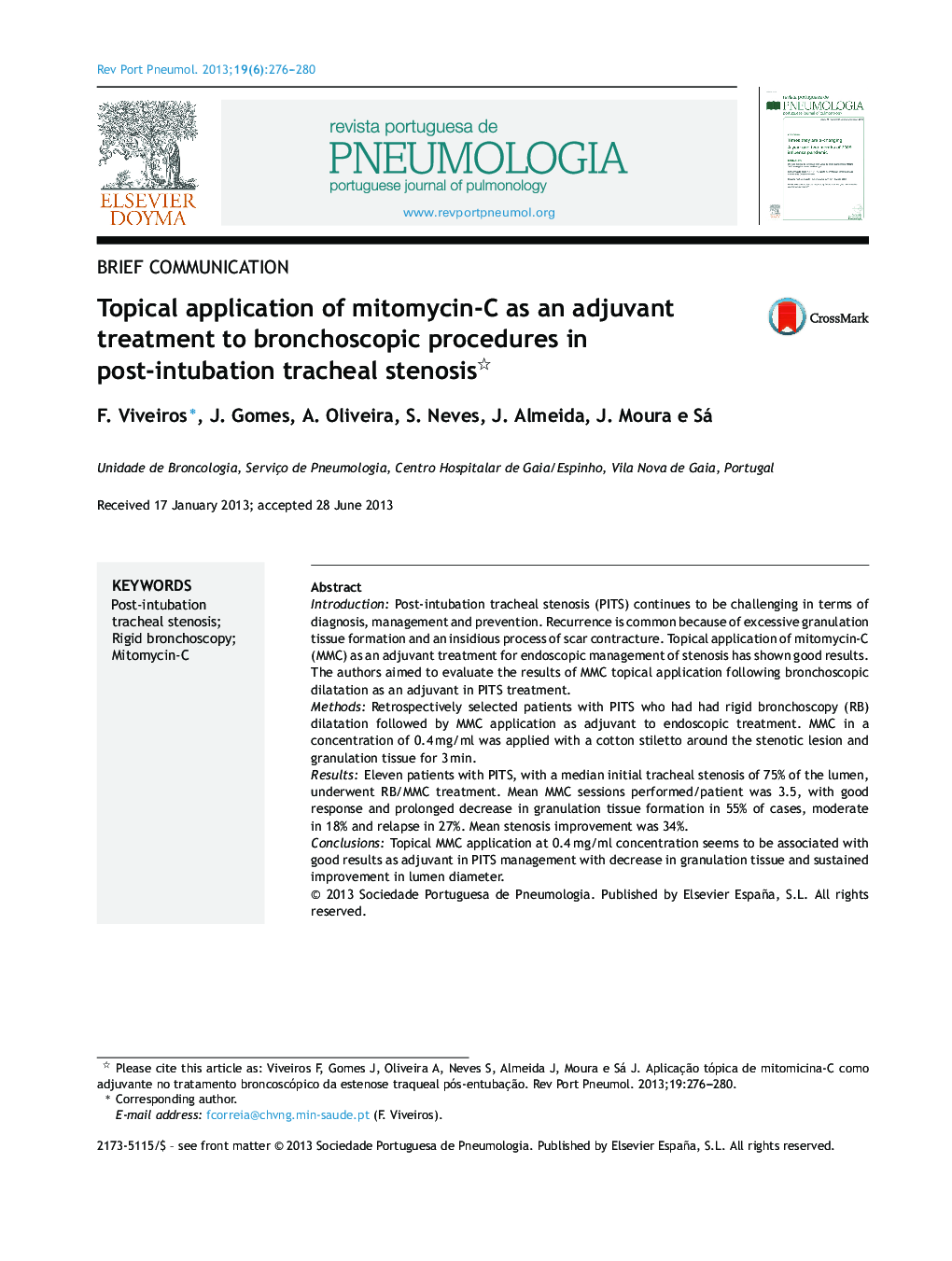 Topical application of mitomycin-C as an adjuvant treatment to bronchoscopic procedures in post-intubation tracheal stenosis