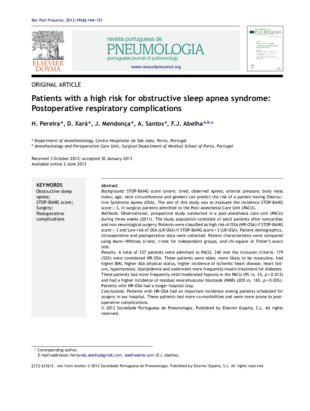 Patients with a high risk for obstructive sleep apnea syndrome: Postoperative respiratory complications