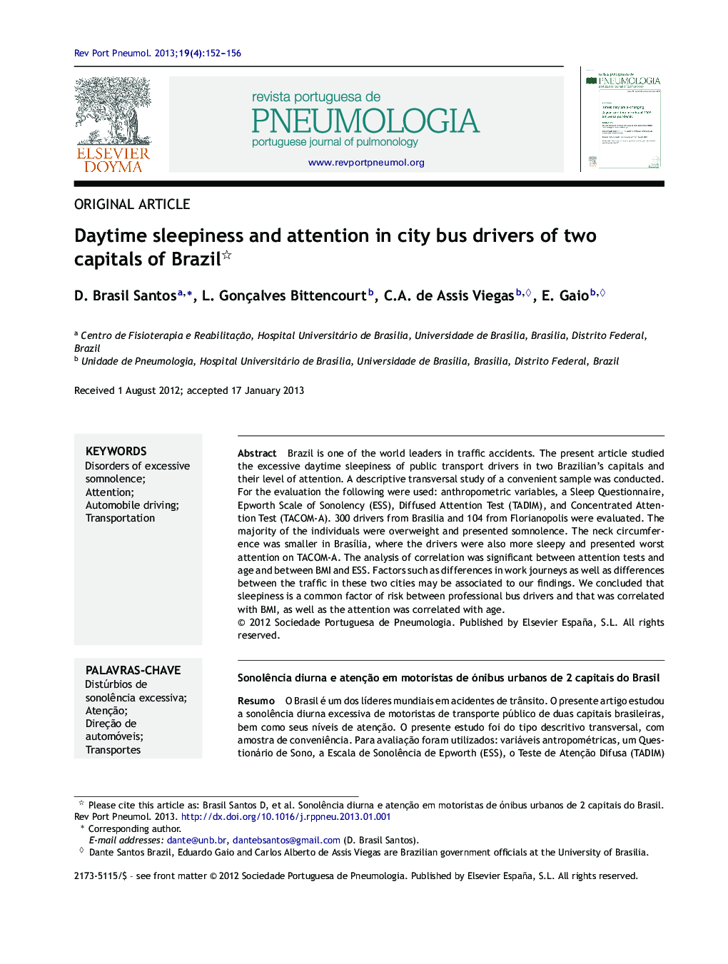 Daytime sleepiness and attention in city bus drivers of two capitals of Brazil